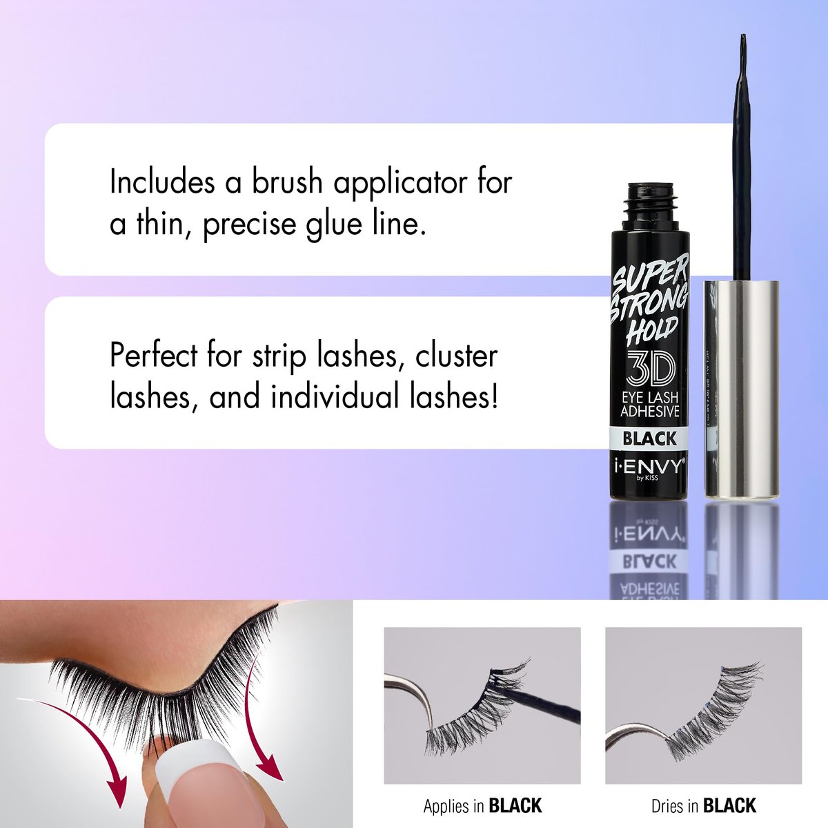 i-Envy Super Strong Hold 3D Strip Lash Glue Brush-On False Eyelash Adhesive, Waterproof, Hypoallergenic, Latex & Formaldehyde Free (Black) - görsel 6