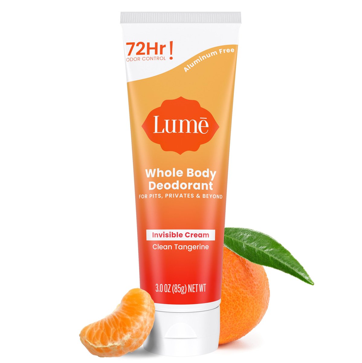 Lume Whole Body Deodorant Invisible Cream Tube - 72 Hour Odor Control - Aluminum Free, Baking Soda Free, Skin Safe - 3 oz - Clean Tangerine Avelisse