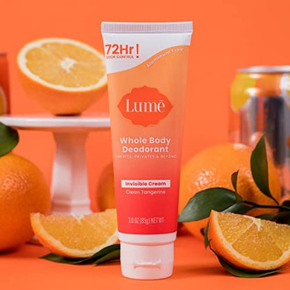 Lume Whole Body Deodorant Invisible Cream Tube - 72 Hour Odor Control - Aluminum Free, Baking Soda Free, Skin Safe - 3 oz - Clean Tangerine Avelisse