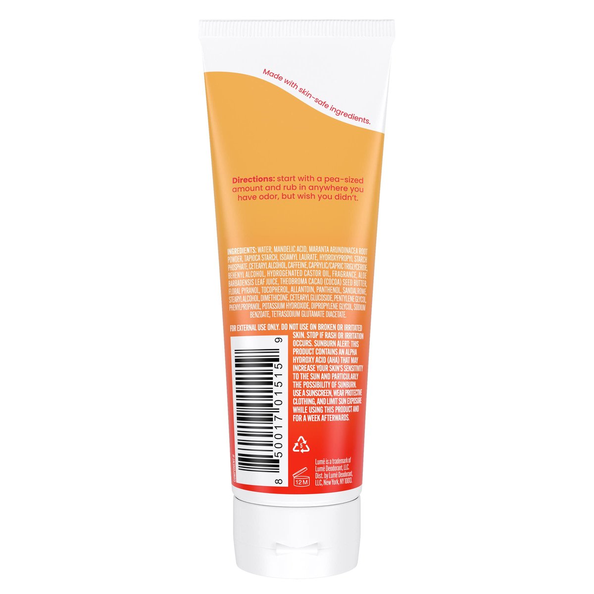 Lume Whole Body Deodorant Invisible Cream Tube - 72 Hour Odor Control - Aluminum Free, Baking Soda Free, Skin Safe - 3 oz - Clean Tangerine Avelisse
