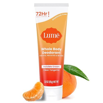 Lume Whole Body Deodorant Invisible Cream Tube - 72 Hour Odor Control - Aluminum Free, Baking Soda Free, Skin Safe - 3 oz - Clean Tangerine Avelisse