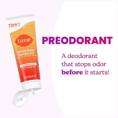 Lume Whole Body Deodorant Invisible Cream Tube - 72 Hour Odor Control - Aluminum Free, Baking Soda Free, Skin Safe - 3 oz - Clean Tangerine Avelisse