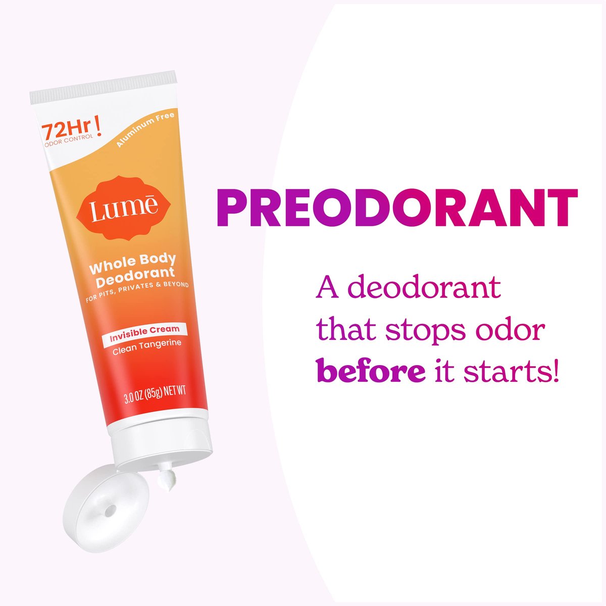 Lume Whole Body Deodorant Invisible Cream Tube - 72 Hour Odor Control - Aluminum Free, Baking Soda Free, Skin Safe - 3 oz - Clean Tangerine Avelisse