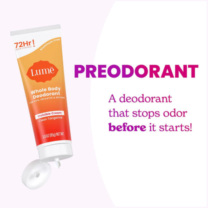 Lume Whole Body Deodorant Invisible Cream Tube - 72 Hour Odor Control - Aluminum Free, Baking Soda Free, Skin Safe - 3 oz - Clean Tangerine Avelisse