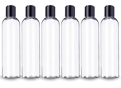 ljdeals 8 oz Clear Plastic Empty Bottles with Black Disc Top Caps, Refillable Containers for Shampoo, Lotions, Cream and More Pack of 6, BPA Free, Made in USA
