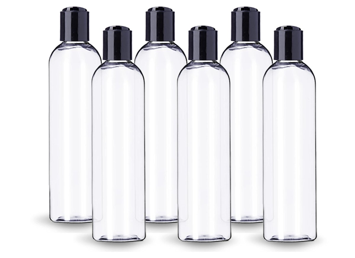 ljdeals 8 oz Clear Plastic Empty Bottles with Black Disc Top Caps, Refillable Containers for Shampoo, Lotions, Cream and More Pack of 6, BPA Free, Made in USA - görsel 4