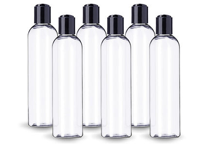 ljdeals 8 oz Clear Plastic Empty Bottles with Black Disc Top Caps, Refillable Containers for Shampoo, Lotions, Cream and More Pack of 6, BPA Free, Made in USA