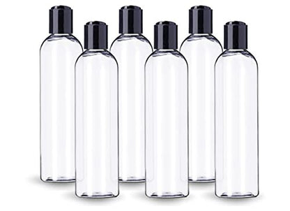 ljdeals 8 oz Clear Plastic Empty Bottles with Black Disc Top Caps, Refillable Containers for Shampoo, Lotions, Cream and More Pack of 6, BPA Free, Made in USA