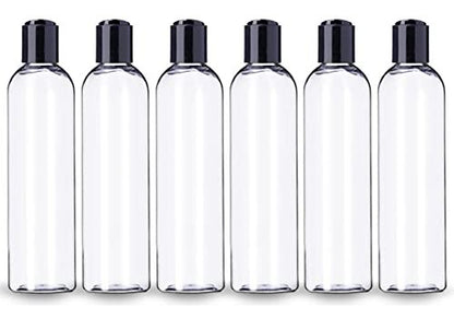 ljdeals 8 oz Clear Plastic Empty Bottles with Black Disc Top Caps, Refillable Containers for Shampoo, Lotions, Cream and More Pack of 6, BPA Free, Made in USA