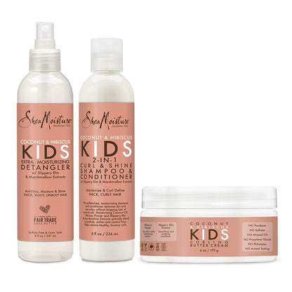 SheaMoisture Kids Extra Moisturizing Detangler, 2-In-1 Curl & Shine Coconut Hibiscus Shampoo & Conditioner, and Curling Butter Cream for Curly Hair (3 Count) Avelisse
