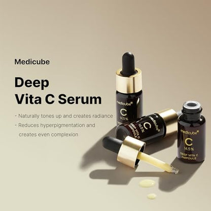 Medicube Deep Vita C Serum 2.0 - 14.5% Pure Vitamin C Serum for Hyperpigmentation, Dark Spots & Blemishes | Korean Skincare | 3 x 10g Bottles with 16 Self-Tests