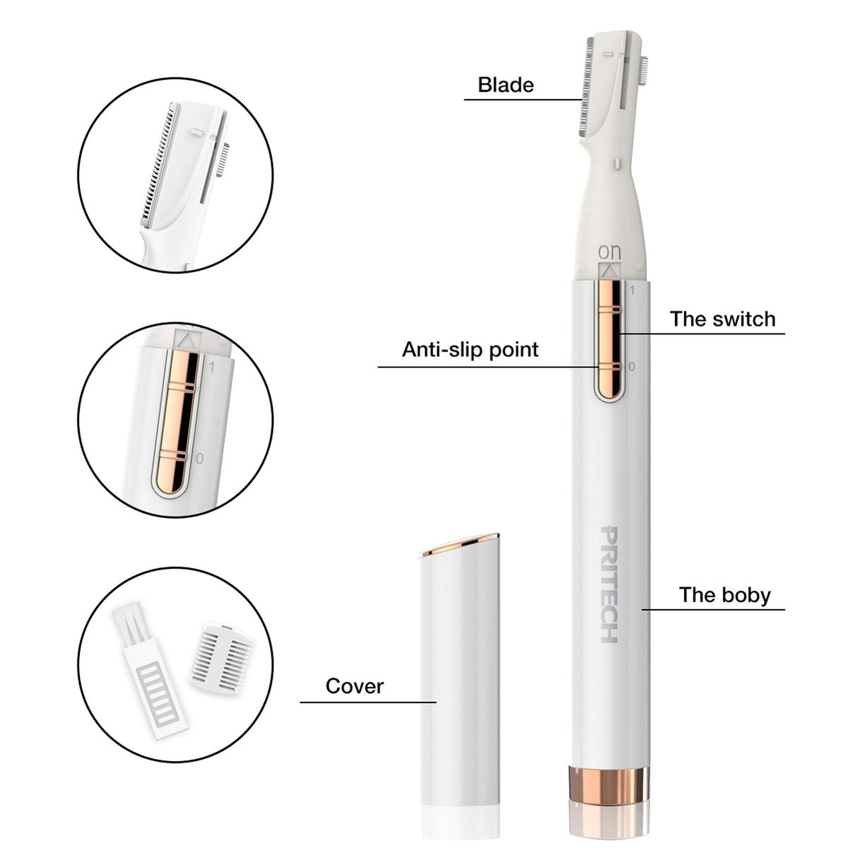 PRITECH Electric Eyebrow Trimmer - Precision Facial Hair Remover for Women & Men - Painless Shaver for Eyebrows, Face, Chin, Neck & Upper Lip - Battery Powered Portable Groomer with Comb Avelisse