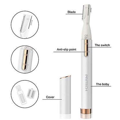 PRITECH Electric Eyebrow Trimmer - Precision Facial Hair Remover for Women & Men - Painless Shaver for Eyebrows, Face, Chin, Neck & Upper Lip - Battery Powered Portable Groomer with Comb Avelisse