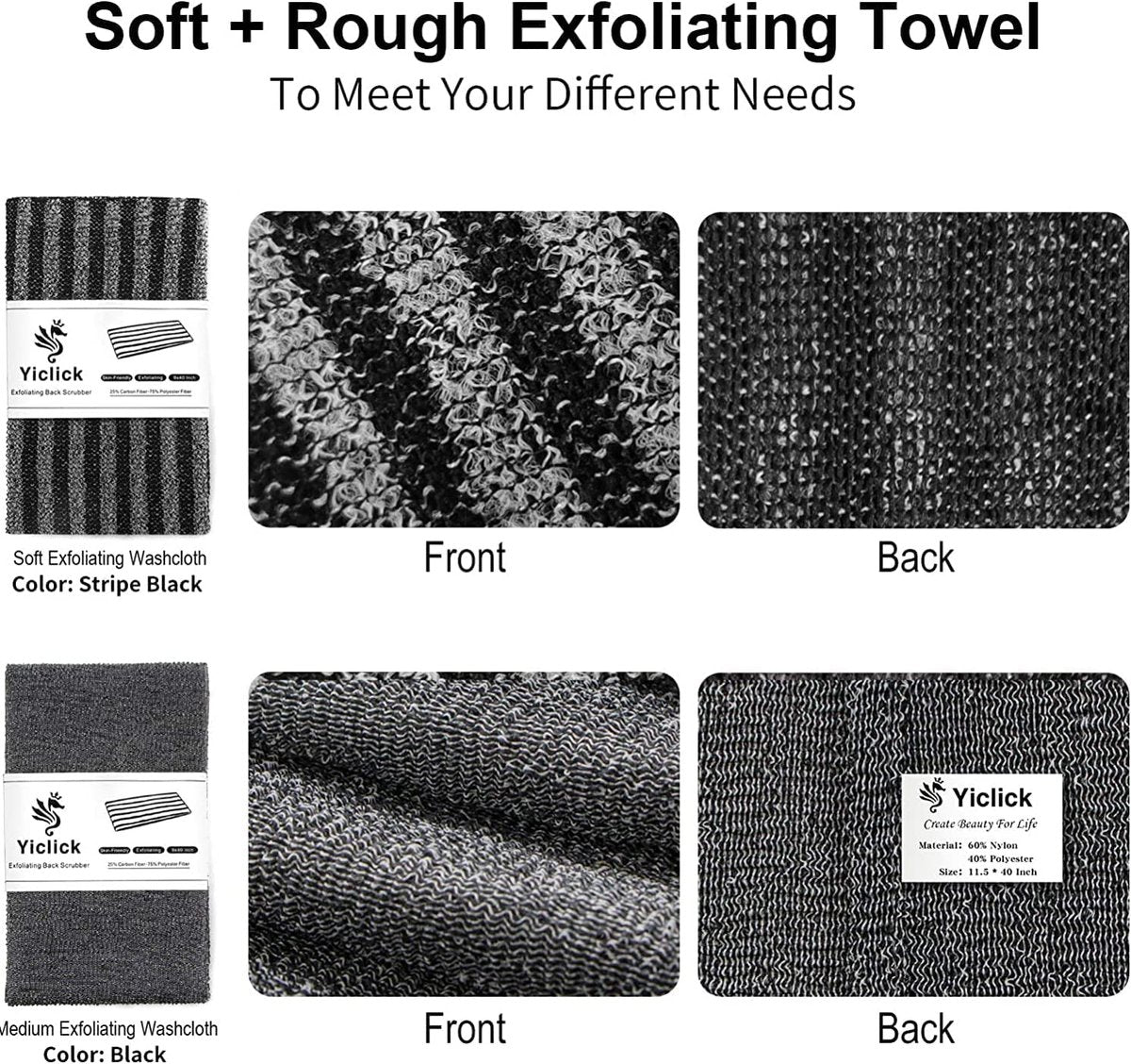 Yiclick Exfoliating Body Scrubber - Japanese Nylon Wash Cloth for Shower, Back Scrubber for Men & Women, Black - görsel 3