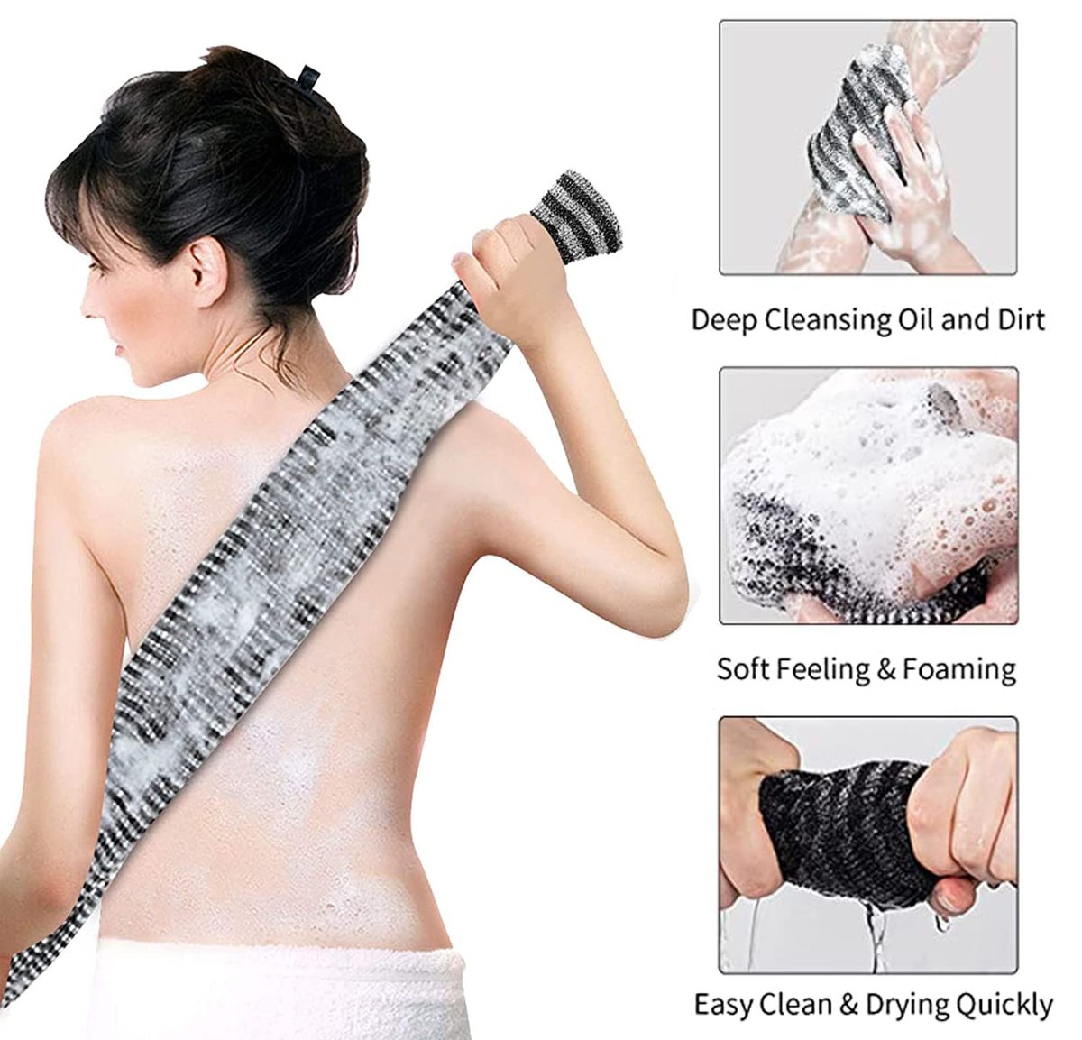 Yiclick Exfoliating Body Scrubber - Japanese Nylon Wash Cloth for Shower, Back Scrubber for Men & Women, Black - görsel 5