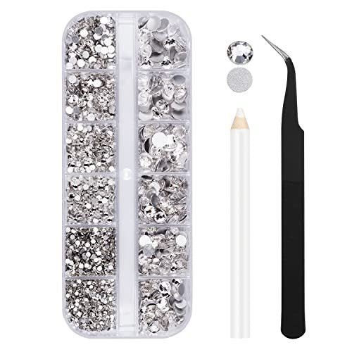 2000 Pcs Clear Rhinestones Flat Back Glass Gems - 6 Sizes 1.5-6mm with Tweezer and Wax Pencil for Nails, Face, Makeup, Clothes Decoration - görsel 2