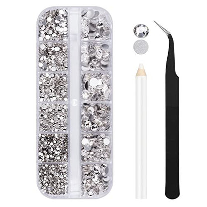 2000 Pcs Clear Rhinestones Flat Back Glass Gems - 6 Sizes 1.5-6mm with Tweezer and Wax Pencil for Nails, Face, Makeup, Clothes Decoration