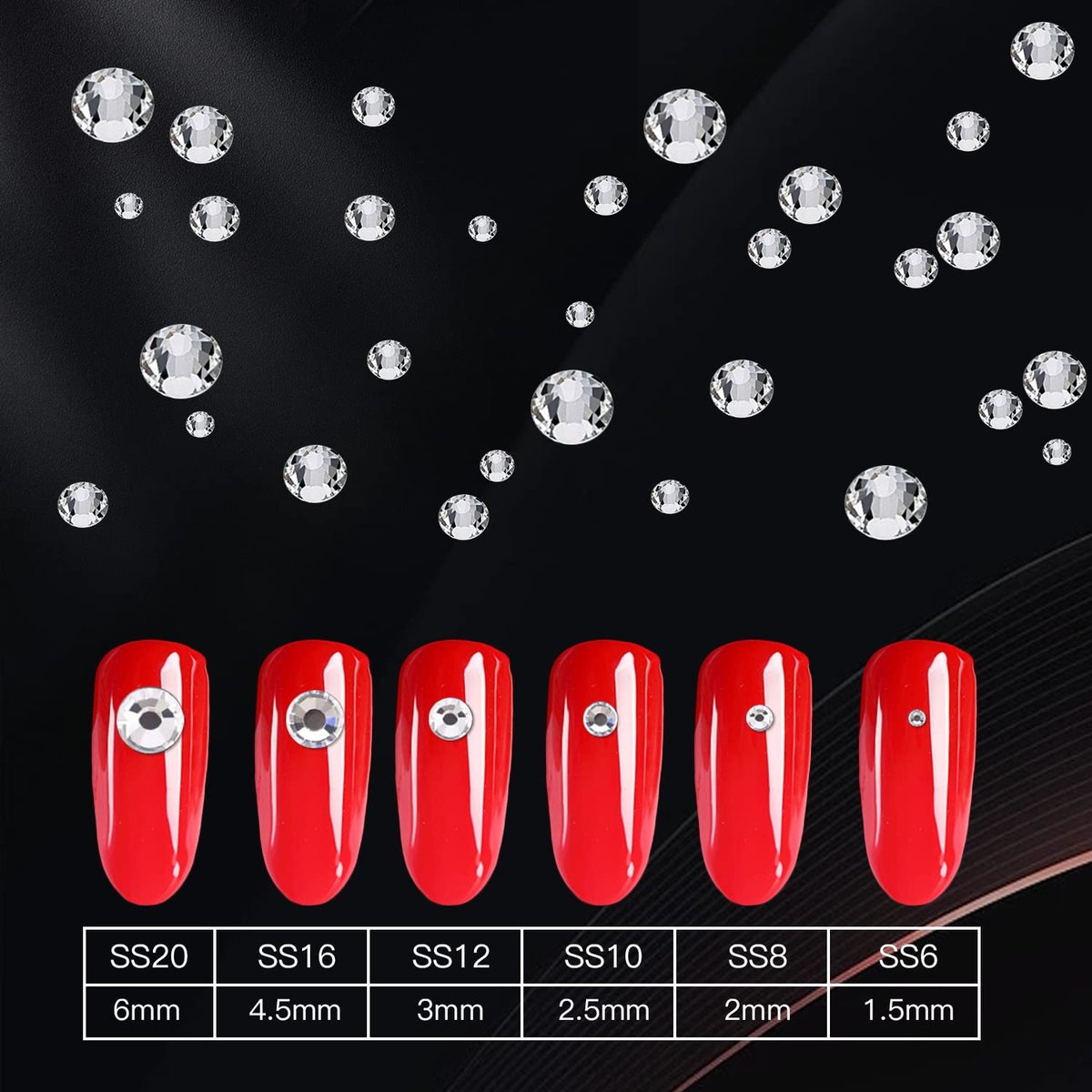 2000 Pcs Clear Rhinestones Flat Back Glass Gems - 6 Sizes 1.5-6mm with Tweezer and Wax Pencil for Nails, Face, Makeup, Clothes Decoration - görsel 5
