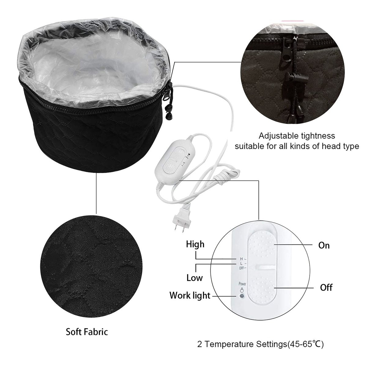 XNX 110V Electric Hair Cap - Home Hair SPA Steamer with 3 Temperature Settings, Nourishing Heat Cap for Deep Conditioning, Black Avelisse
