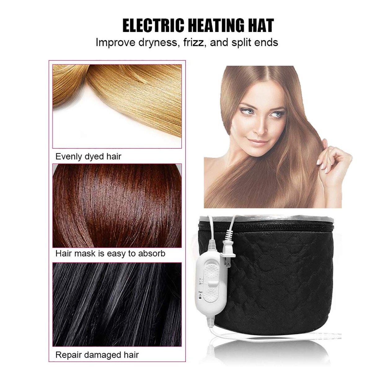 XNX 110V Electric Hair Cap - Home Hair SPA Steamer with 3 Temperature Settings, Nourishing Heat Cap for Deep Conditioning, Black Avelisse