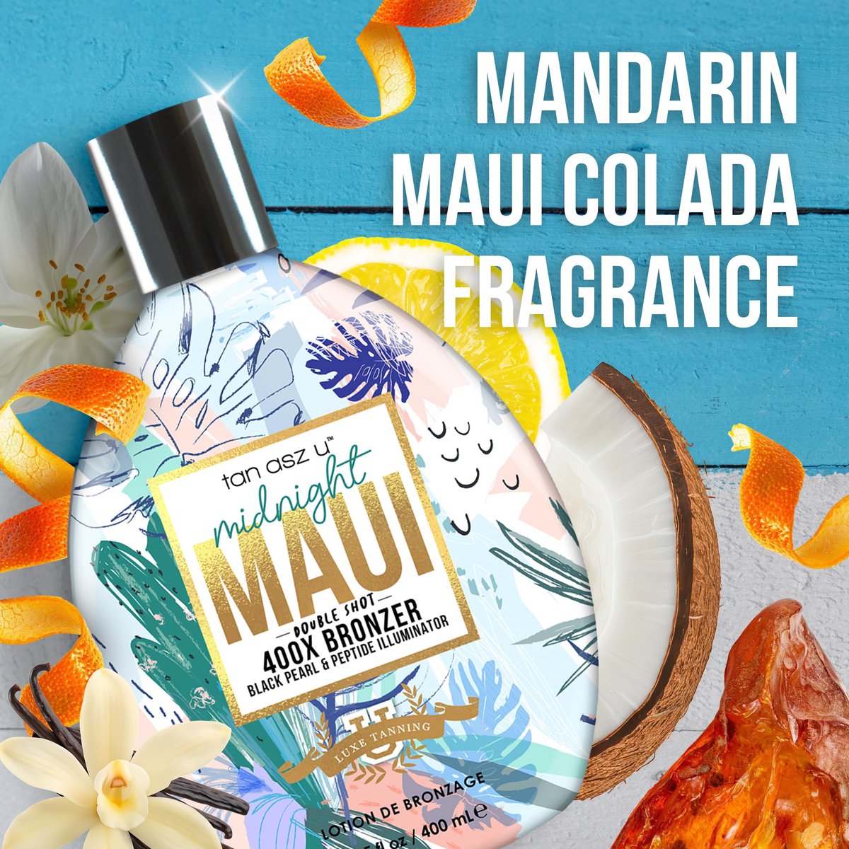 Tan Asz U Midnight Maui Tanning Lotion - Double Shot 400X Bronzer, Black Pearl & Peptide Illuminator with Inktuition Tattoo Complex, 13.5 oz Avelisse