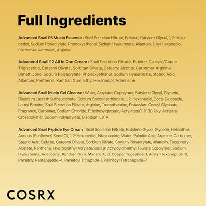 COSRX All About Snail Mucin Korean Skin Care Set – Mini Travel Essentials with Snail Mucin Face Wash, Serum, Moisturizer & Eye Cream Avelisse