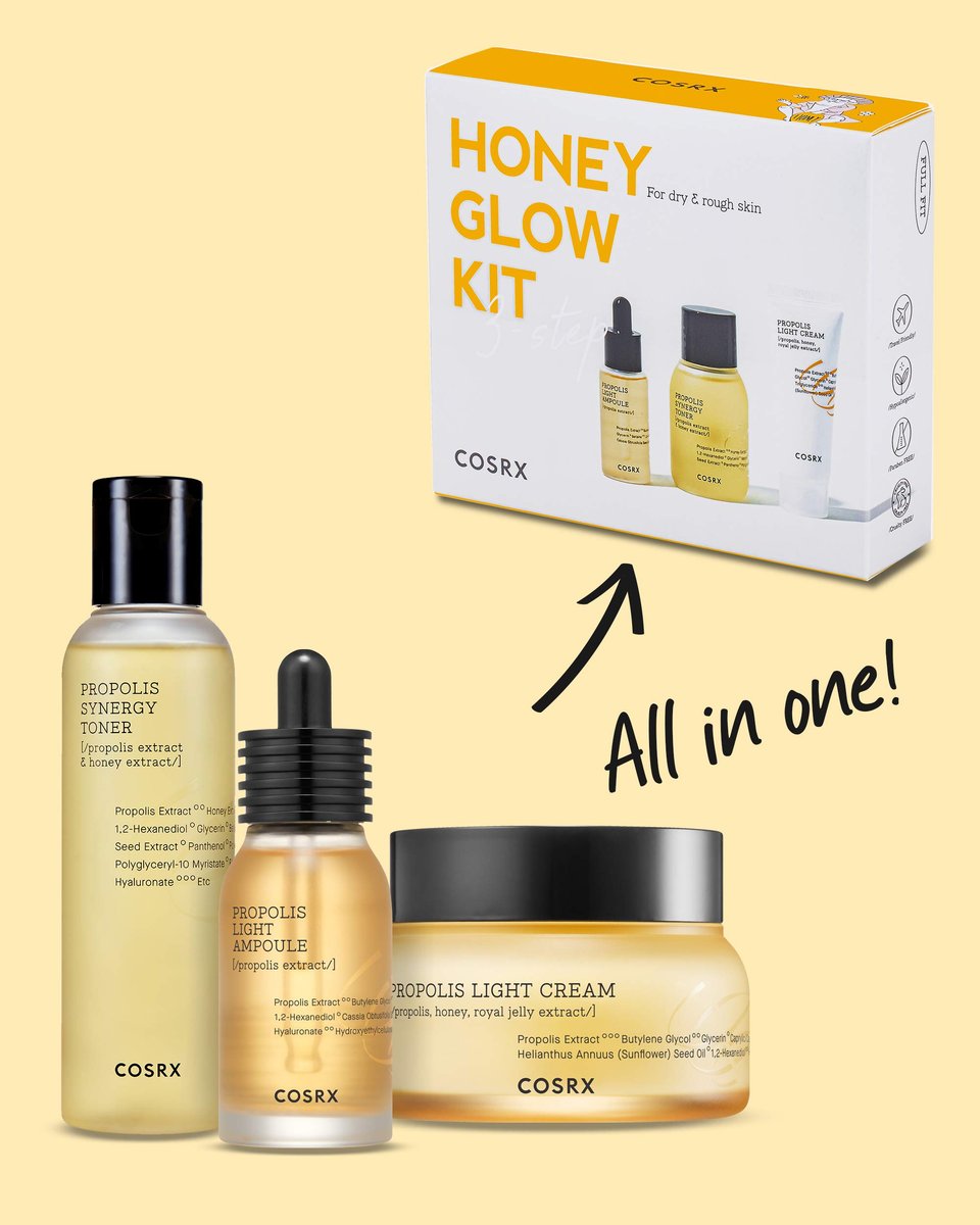 COSRX Honey Glow Kit - Korean Skin Care Set with Propolis Facial Toner, Serum & Cream, Mini Travel Essentials, Deep Moisture, Hydration, Nourishment, Travel Size Gift Set Avelisse