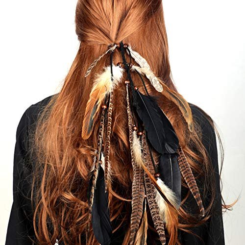 MWOOT 2-Piece Feather Hair Clip-In Extensions for Women - Handmade Bohemian Peacock & Pheasant Tail Feather Clips for Halloween, Cosplay, Carnival, Party Headdress (Black, Brown, Green) - görsel 10