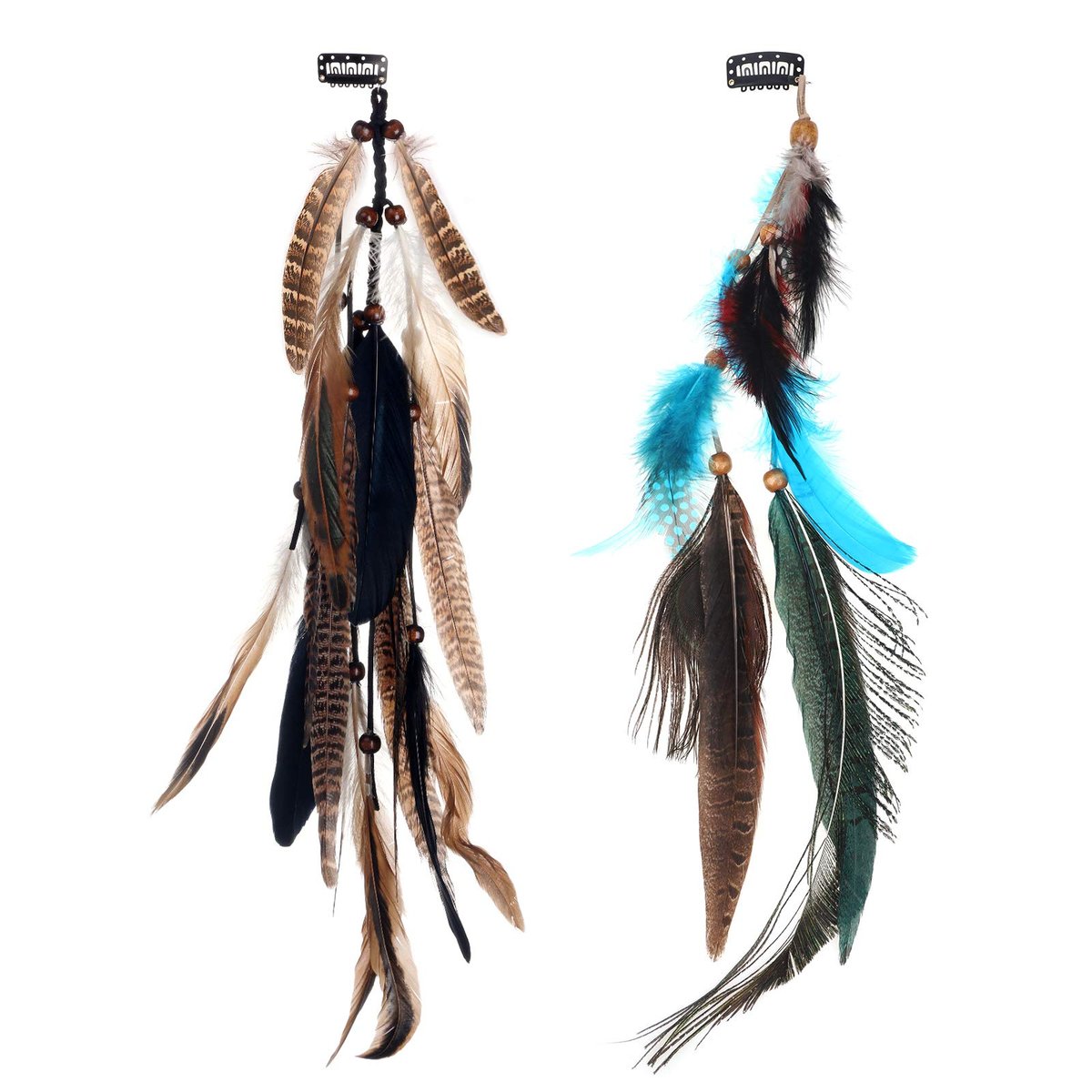 MWOOT 2-Piece Feather Hair Clip-In Extensions for Women - Handmade Bohemian Peacock & Pheasant Tail Feather Clips for Halloween, Cosplay, Carnival, Party Headdress (Black, Brown, Green) - görsel 1