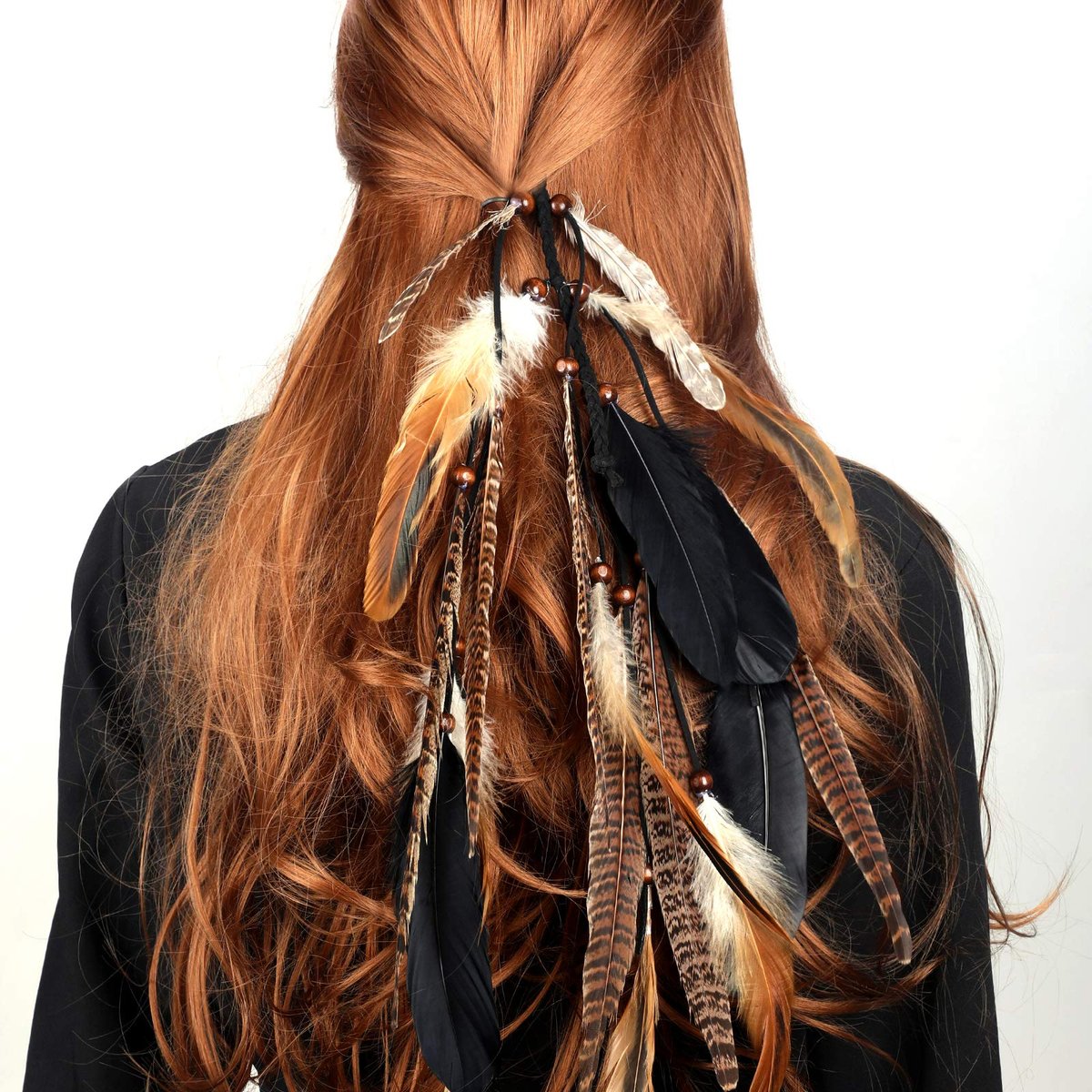 MWOOT 2-Piece Feather Hair Clip-In Extensions for Women - Handmade Bohemian Peacock & Pheasant Tail Feather Clips for Halloween, Cosplay, Carnival, Party Headdress (Black, Brown, Green) - görsel 7
