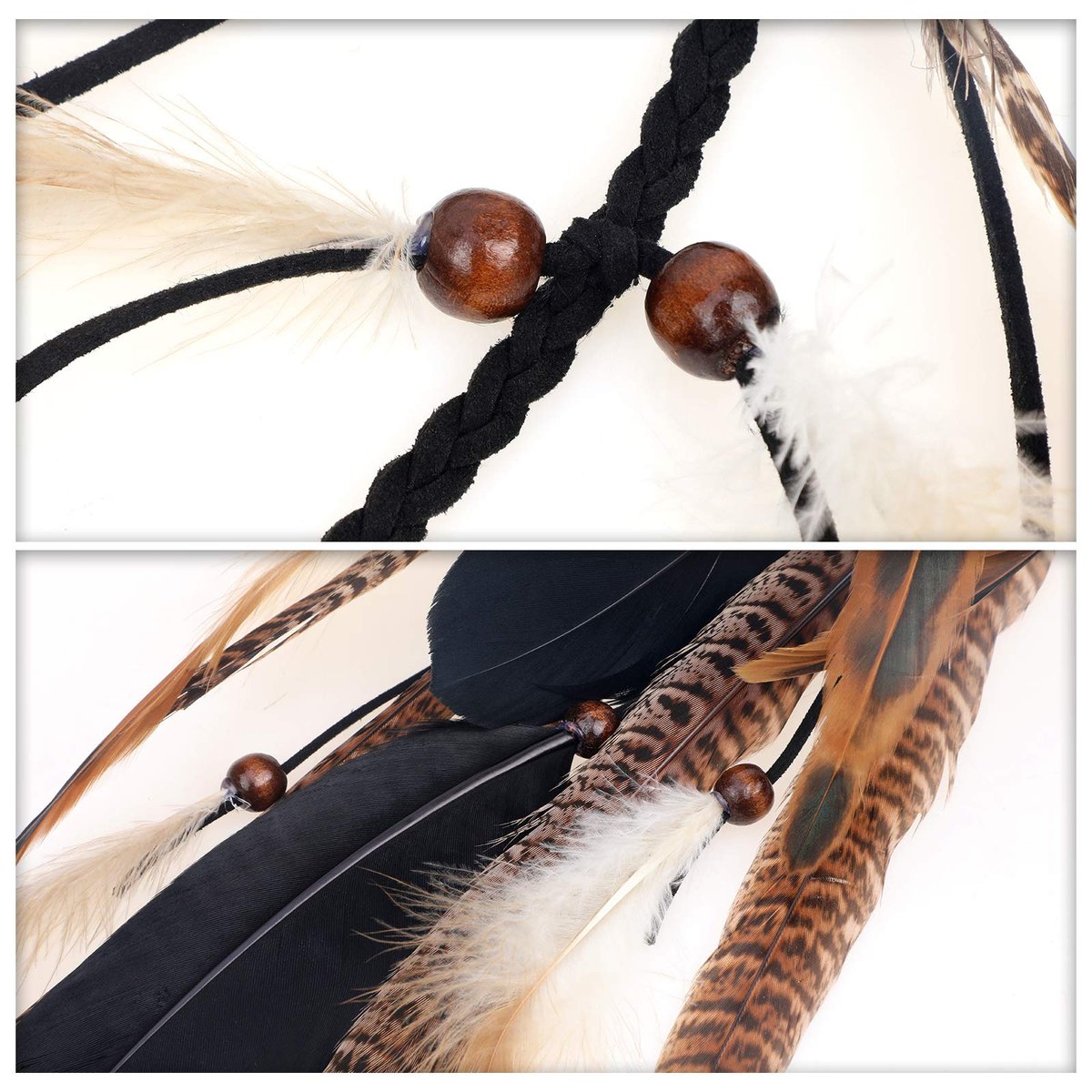 MWOOT 2-Piece Feather Hair Clip-In Extensions for Women - Handmade Bohemian Peacock & Pheasant Tail Feather Clips for Halloween, Cosplay, Carnival, Party Headdress (Black, Brown, Green) - görsel 11
