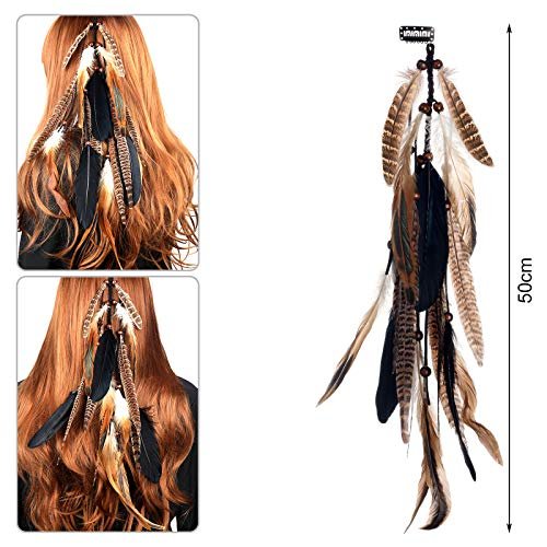 MWOOT 2-Piece Feather Hair Clip-In Extensions for Women - Handmade Bohemian Peacock & Pheasant Tail Feather Clips for Halloween, Cosplay, Carnival, Party Headdress (Black, Brown, Green) - görsel 4