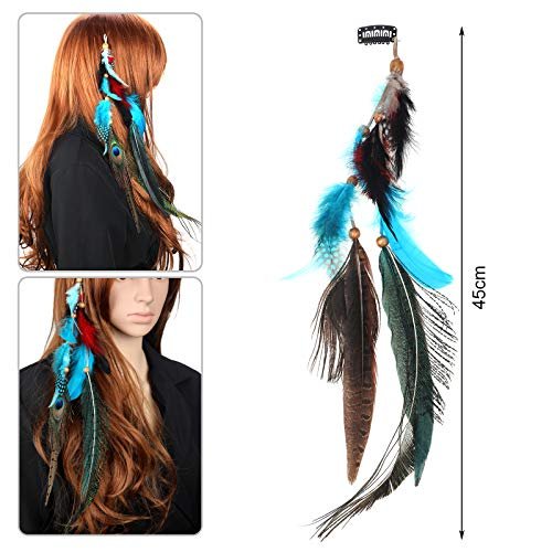 MWOOT 2-Piece Feather Hair Clip-In Extensions for Women - Handmade Bohemian Peacock & Pheasant Tail Feather Clips for Halloween, Cosplay, Carnival, Party Headdress (Black, Brown, Green) - görsel 6