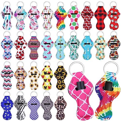 Cludoo 30-Pack Chapstick Holder Keychain Bulk - Vibrant Neoprene Lip Balm Holders for Lipstick, Lip Gloss, Lanyards - 30 Colors Avelisse