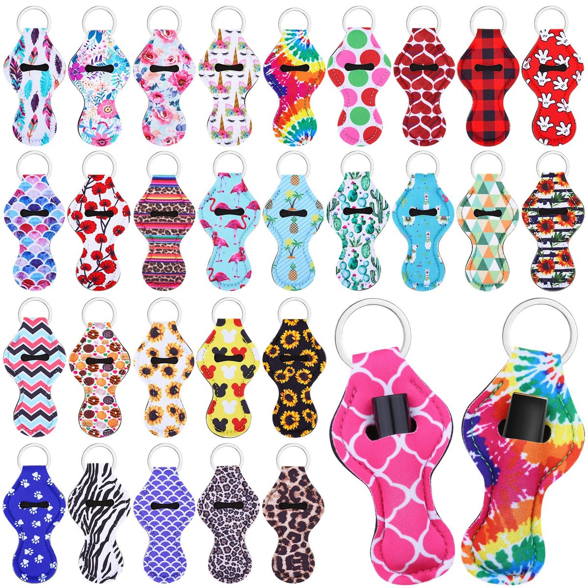 Cludoo 30-Pack Chapstick Holder Keychain Bulk - Vibrant Neoprene Lip Balm Holders for Lipstick, Lip Gloss, Lanyards - 30 Colors Avelisse
