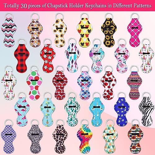 Cludoo 30-Pack Chapstick Holder Keychain Bulk - Vibrant Neoprene Lip Balm Holders for Lipstick, Lip Gloss, Lanyards - 30 Colors Avelisse