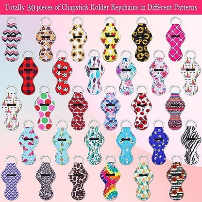 Cludoo 30-Pack Chapstick Holder Keychain Bulk - Vibrant Neoprene Lip Balm Holders for Lipstick, Lip Gloss, Lanyards - 30 Colors Avelisse