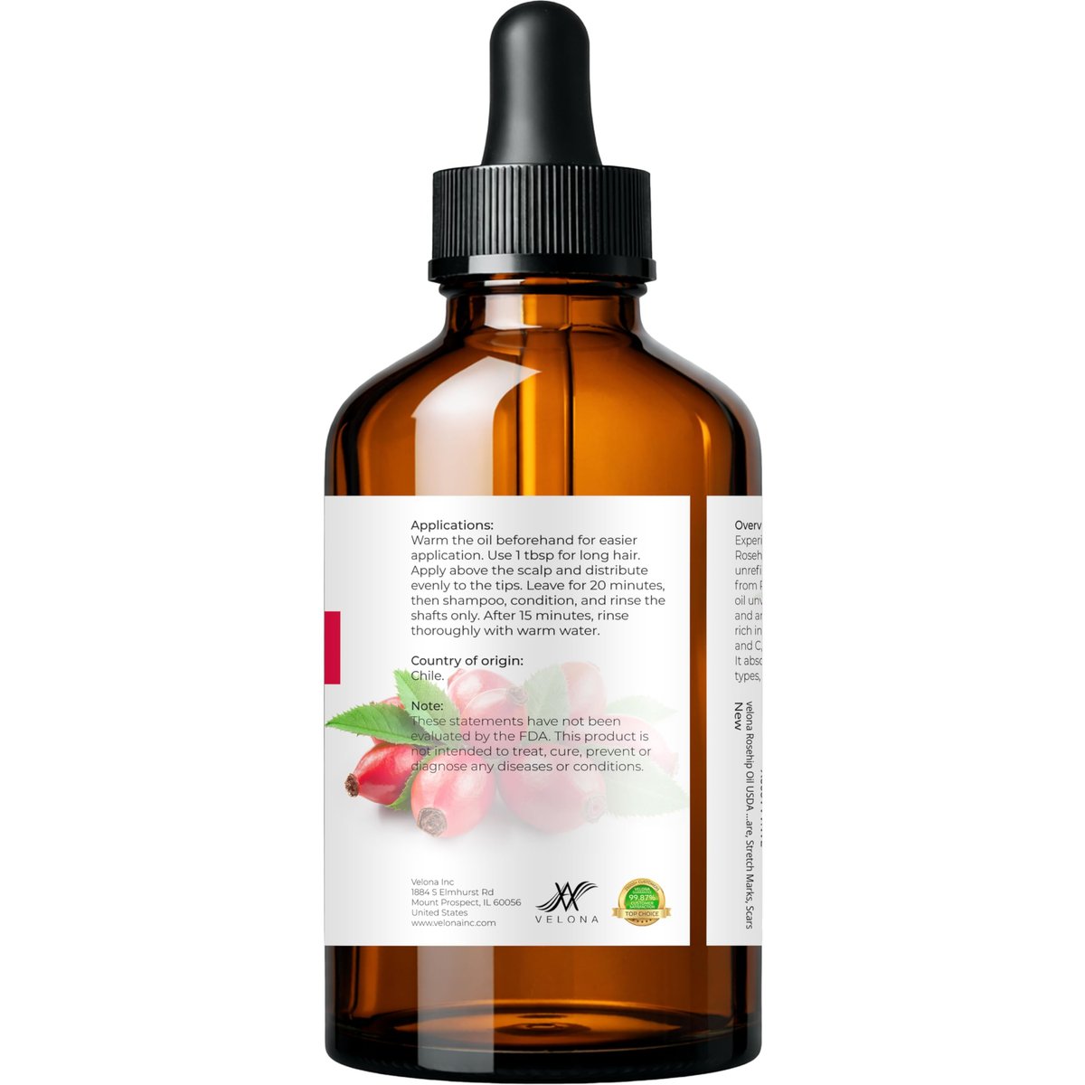 velona 100% Pure Rosehip Oil - 4 Fl Oz | Cold Pressed, Unrefined, Hexane Free Carrier Oil for Face, Hair, Body, and Skin Care - Moisturizing, Helps Reduce Stretch Marks and Scars - görsel 7