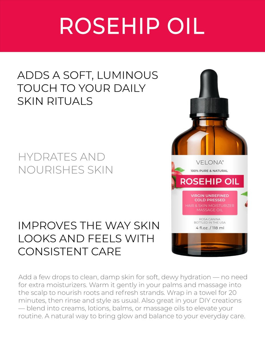 velona 100% Pure Rosehip Oil - 4 Fl Oz | Cold Pressed, Unrefined, Hexane Free Carrier Oil for Face, Hair, Body, and Skin Care - Moisturizing, Helps Reduce Stretch Marks and Scars - görsel 3
