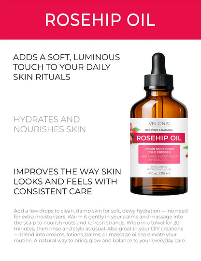 velona 100% Pure Rosehip Oil - 4 Fl Oz | Cold Pressed, Unrefined, Hexane Free Carrier Oil for Face, Hair, Body, and Skin Care - Moisturizing, Helps Reduce Stretch Marks and Scars
