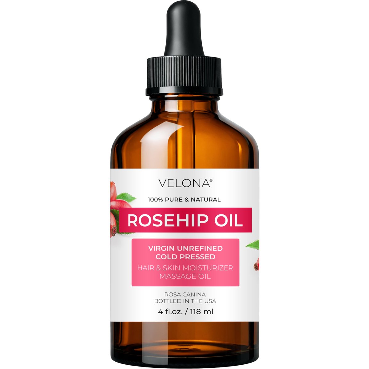 velona 100% Pure Rosehip Oil - 4 Fl Oz | Cold Pressed, Unrefined, Hexane Free Carrier Oil for Face, Hair, Body, and Skin Care - Moisturizing, Helps Reduce Stretch Marks and Scars - görsel 1