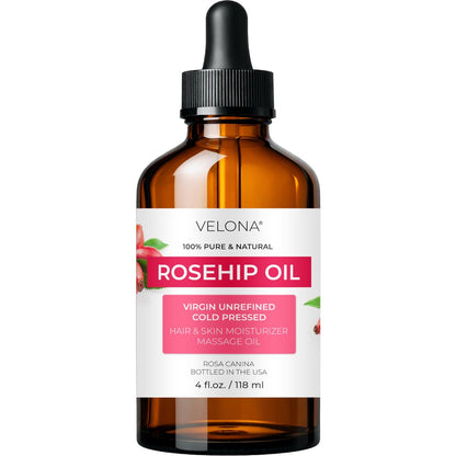 velona 100% Pure Rosehip Oil - 4 Fl Oz | Cold Pressed, Unrefined, Hexane Free Carrier Oil for Face, Hair, Body, and Skin Care - Moisturizing, Helps Reduce Stretch Marks and Scars