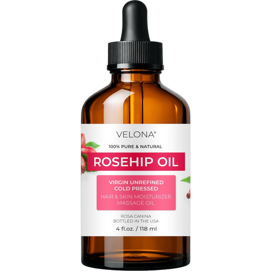 velona 100% Pure Rosehip Oil - 4 Fl Oz | Cold Pressed, Unrefined, Hexane Free Carrier Oil for Face, Hair, Body, and Skin Care - Moisturizing, Helps Reduce Stretch Marks and Scars