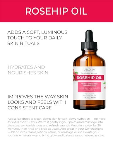 velona 100% Pure Rosehip Oil - 4 Fl Oz | Cold Pressed, Unrefined, Hexane Free Carrier Oil for Face, Hair, Body, and Skin Care - Moisturizing, Helps Reduce Stretch Marks and Scars - görsel 4