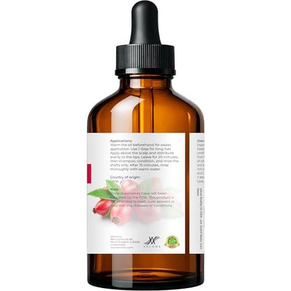 velona 100% Pure Rosehip Oil - 4 Fl Oz | Cold Pressed, Unrefined, Hexane Free Carrier Oil for Face, Hair, Body, and Skin Care - Moisturizing, Helps Reduce Stretch Marks and Scars