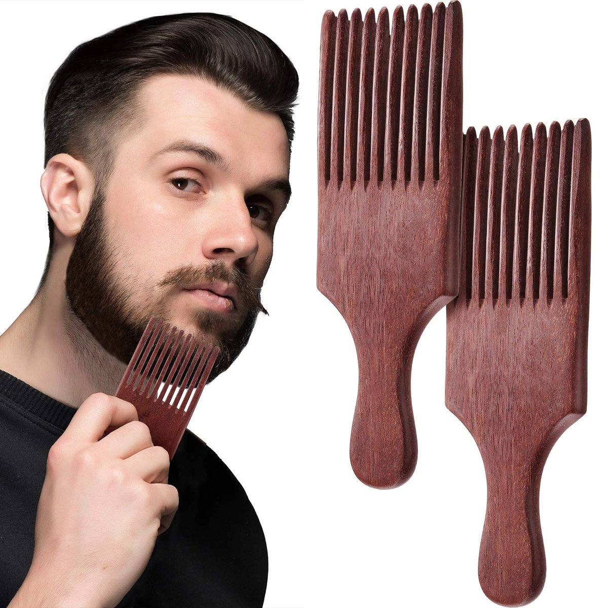 Patelai 2 Pcs Wooden Beard Pick Afro Beard Comb Wood Hair Pick Long Tooth Detangling Comb for Men Women - görsel 1