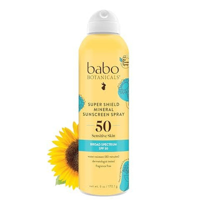 Babo Botanicals Super Shield Mineral Sunscreen Spray SPF 50 - Natural Zinc Oxide & Titanium Dioxide - Extra Sensitive Skin - Water Resistant - Vegan - Fragrance-Free - Air-Powered Spray - For All Ages Avelisse