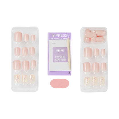 Kiss imPRESS No Glue Press On Nails - Dorothy Design, Short Squoval, Pink & Silver, 30 Nails