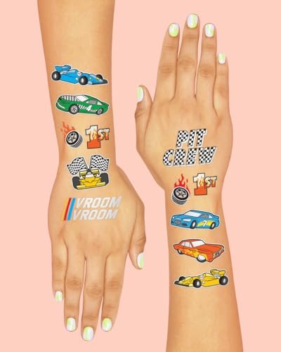 xo, Fetti Race Car Party Supplies Temporary Tattoos - 46 Foil Styles | Racecar Birthday, Pit Crew, Checkered Flags, Vroom, Wheels - görsel 7