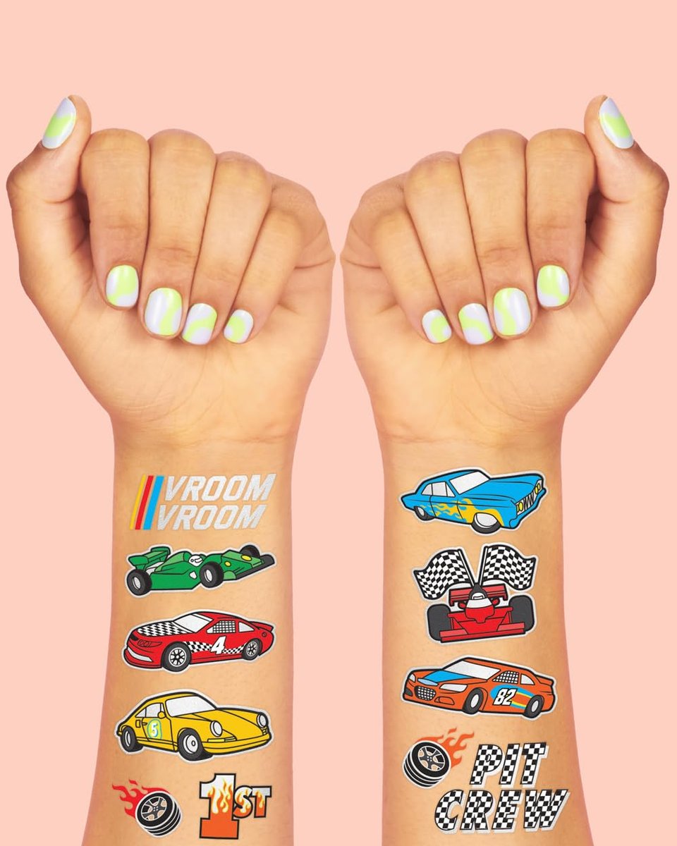 xo, Fetti Race Car Party Supplies Temporary Tattoos - 46 Foil Styles | Racecar Birthday, Pit Crew, Checkered Flags, Vroom, Wheels - görsel 6